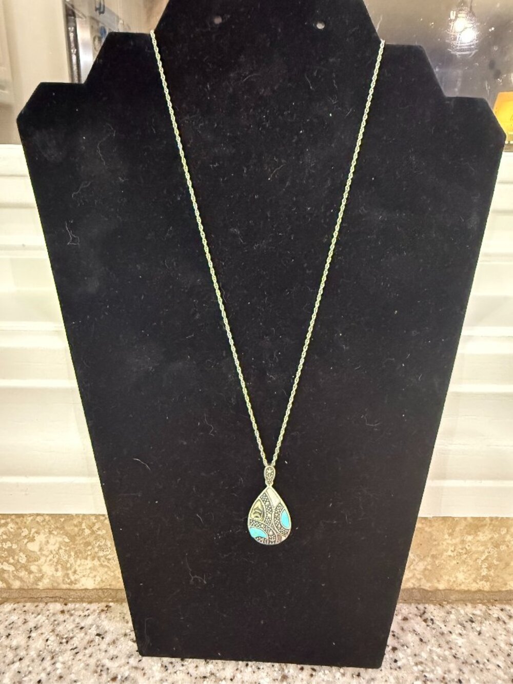 sterling silver teardrop pendant, turquoise stone necklace
